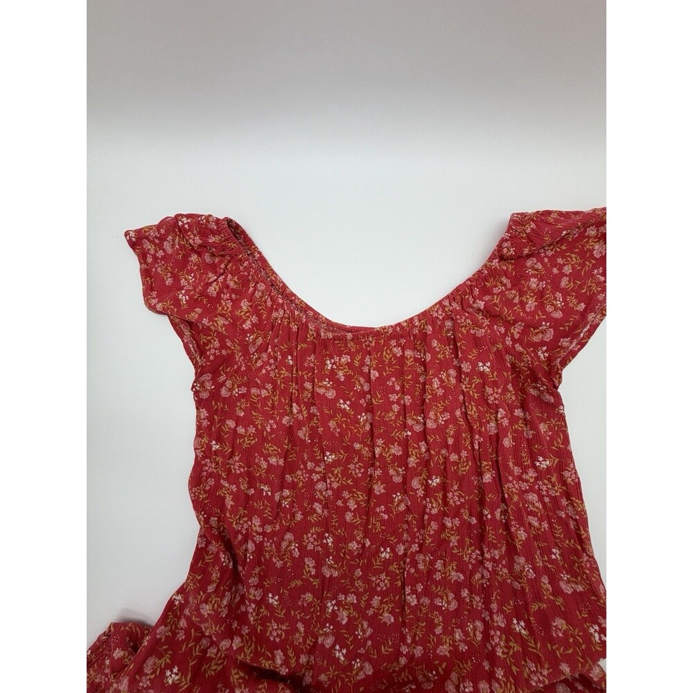 Boho Red Floral Mini Dress L Cottagecore Flutter Sleeve Peasant Ruffle Prairie - Picture 3 of 8